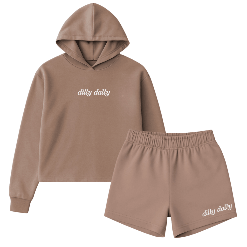 Embroidered 'Dilly Dally' Cloud Hoodie & Shorts Set