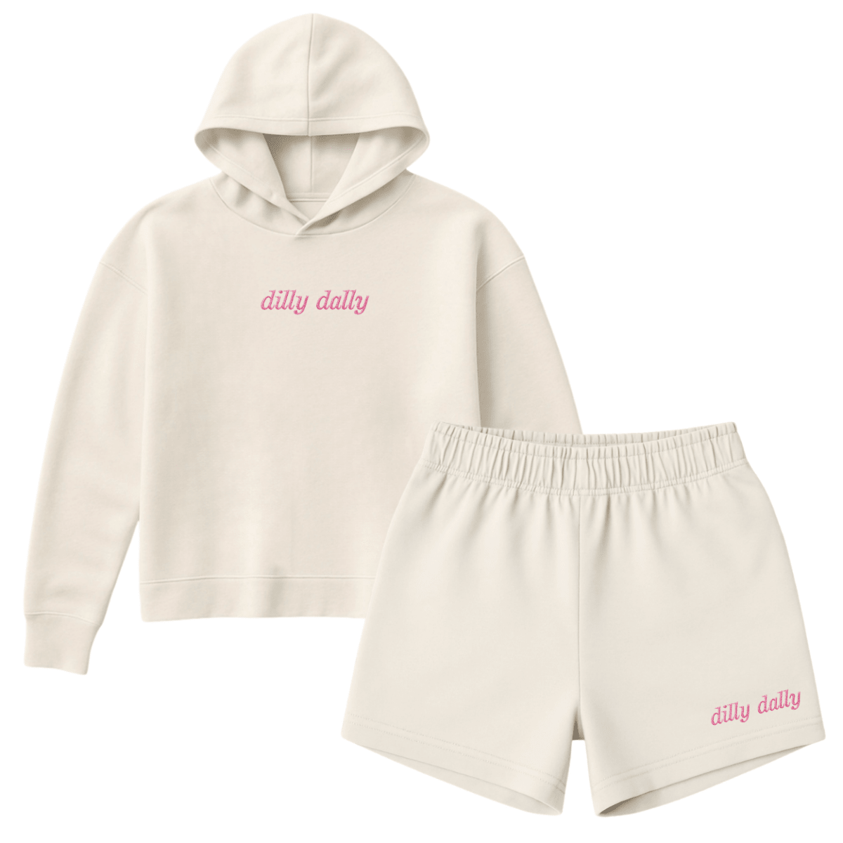 Embroidered 'Dilly Dally' Cloud Hoodie & Shorts Set