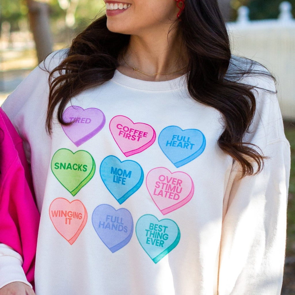 'Mom Life Candy Hearts' Crewneck Sweatshirt