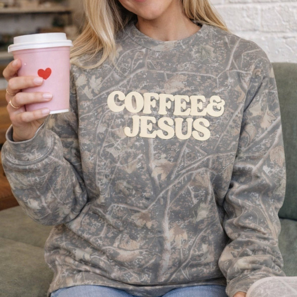 PUFF ‘Coffee & Jesus’ Camo Hideaway Crewneck
