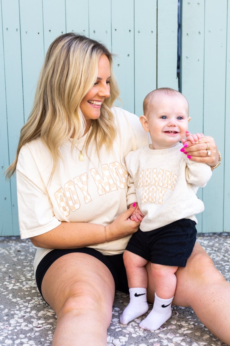 Toddler 'Mini/Mama's Boy Tan Check' Crewneck Sweatshirt