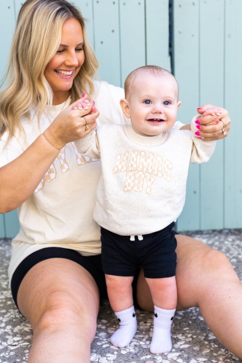 Toddler 'Mini/Mama's Boy Tan Check' Crewneck Sweatshirt